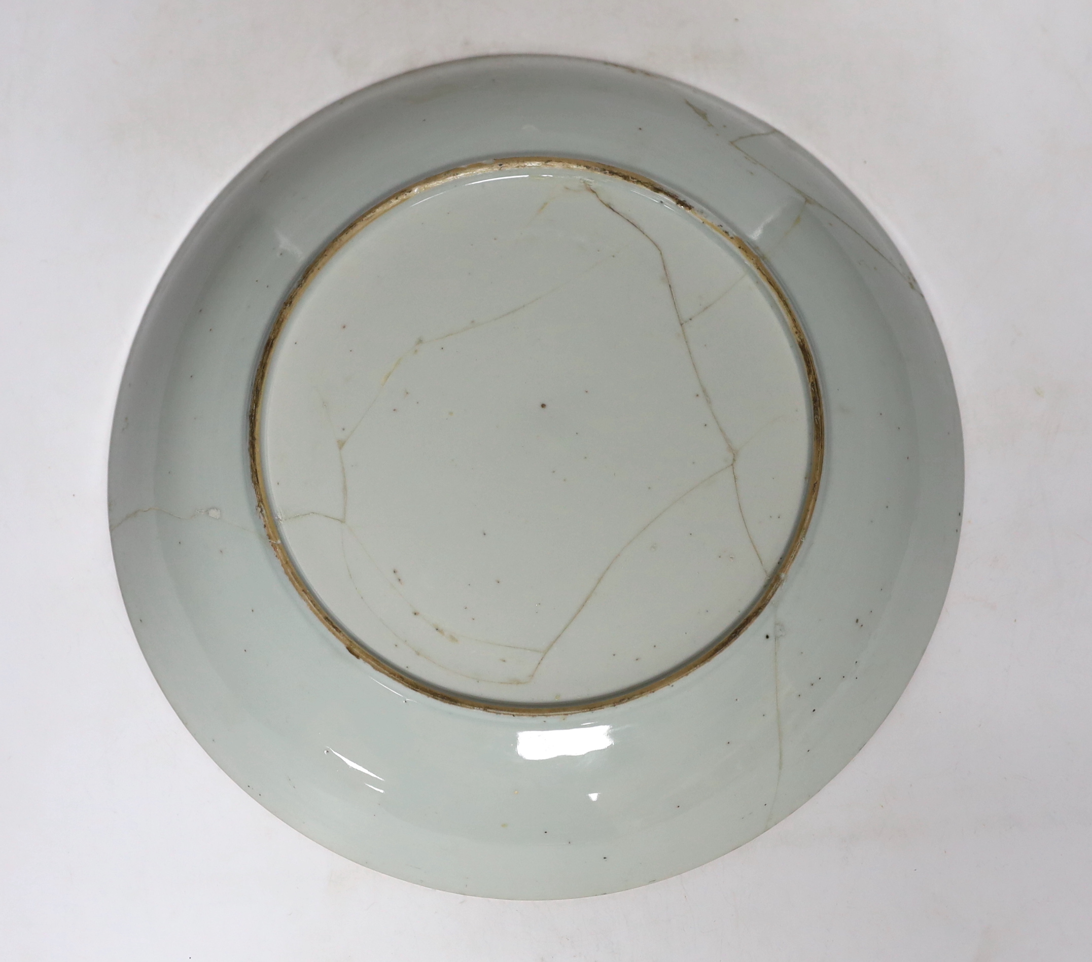 Two Chinese pottery figures of luohan, damaged, 15.5cm and an 18th-century Chinese export famille rose twin pheasant dish and a pair of blue and white bowls, the largest 30cm in diameter